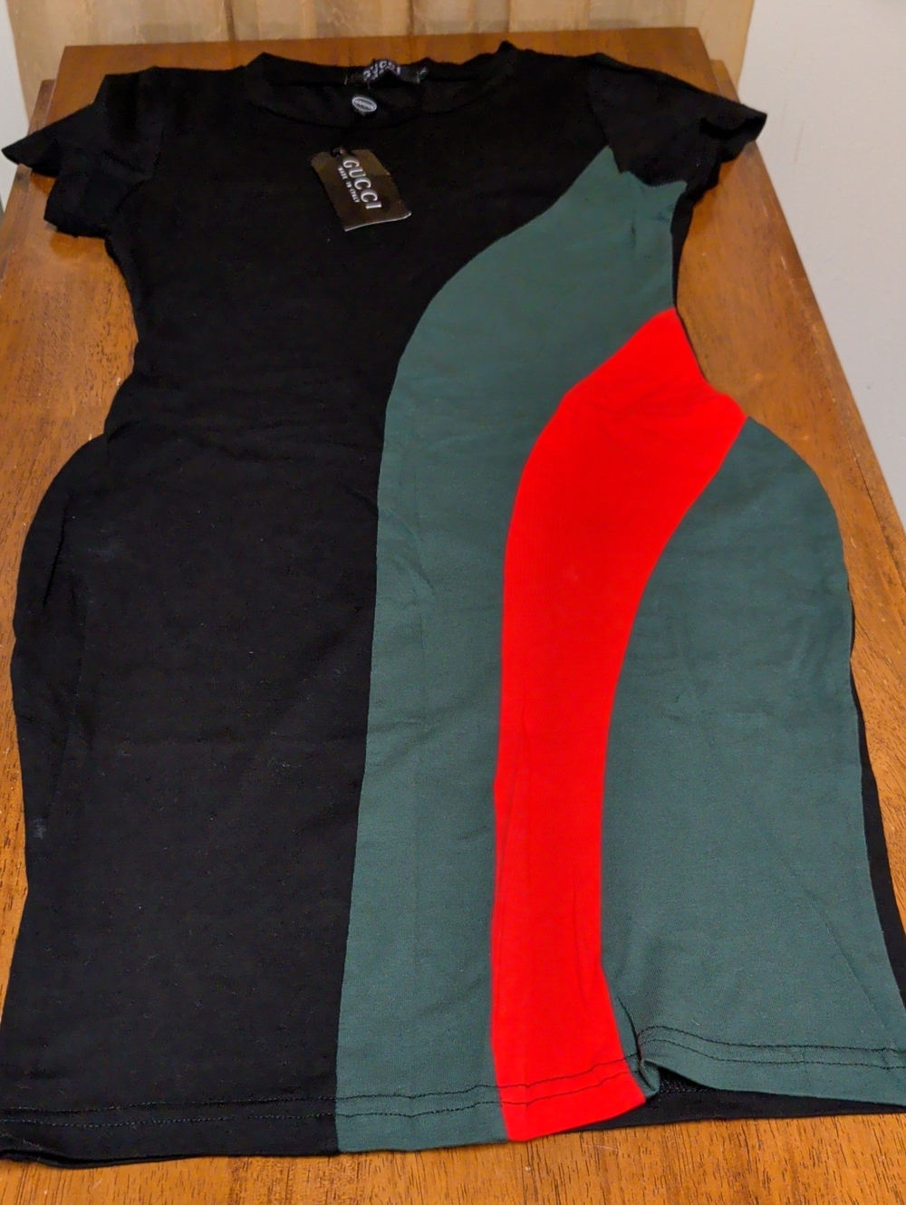 Gucci Black Short-Sleeve dress with Red and Green Side Panels.